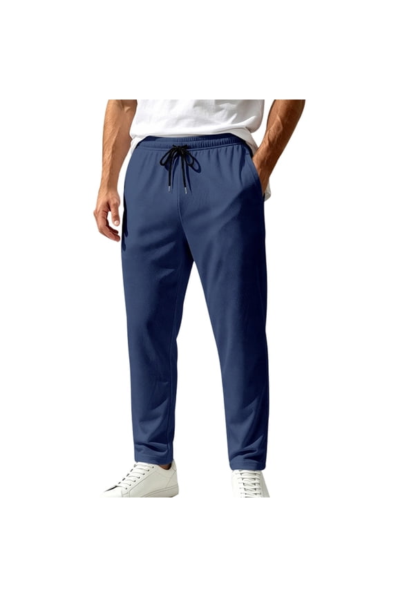 Men's Drawstring Waist Straight Leg Pants with Vertical Stripe Pattern Retro Textured Fabric Loose Fit Classic Pants for Street Looks Fall Daily Navy M