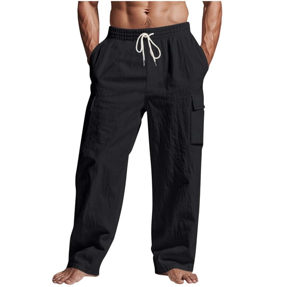 BVnarty Men's Elastic Waist Cargo Straight Leg Pants Solid Color Casual Pockets Comfortable Everyday Outdoor Lounge Pants Black S