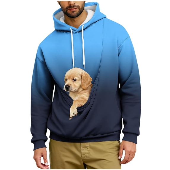 BVnarty Men's Fall Winter Gradient Print Pet Pocket Hoodie Ombre Long Sleeve Sweatshirt with Pet Pouch Loose Hooded Top for Pet Lovers Street Outfits Blue XXXL