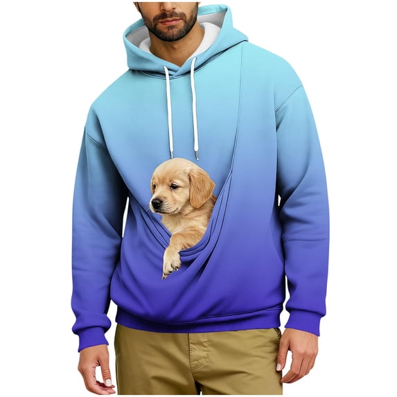 BVnarty Men's Fall Winter Gradient Print Pet Pocket Hoodie Ombre Long Sleeve Sweatshirt with Pet Pouch Loose Hooded Top for Pet Lovers Street Outfits Light Blue L