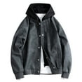 BVnarty Men's Faux Leather Bomber Jacket Hooded Button Up Zipper Long