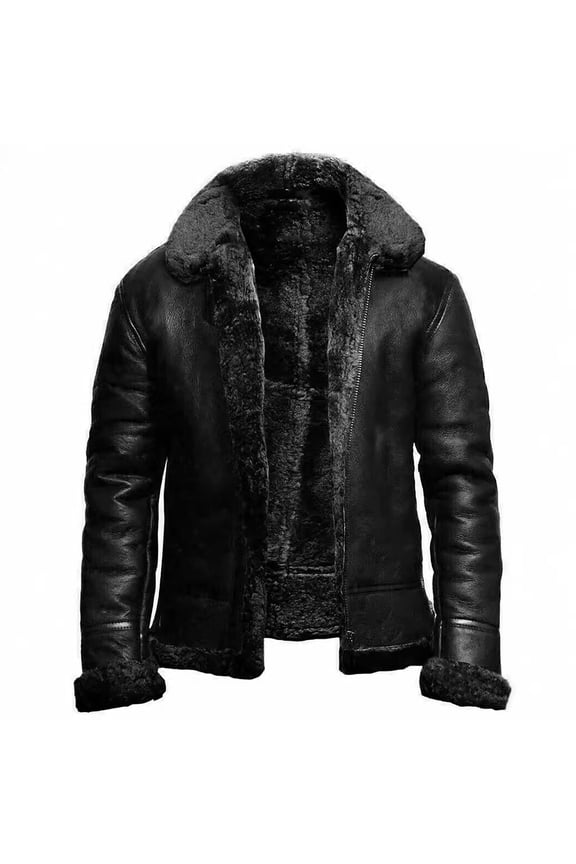 Men's Faux Leather Shearling Jacket Winter Warm Fleece Lined Bomber Jacket Warm Thick Coat Outwear (Black,L)