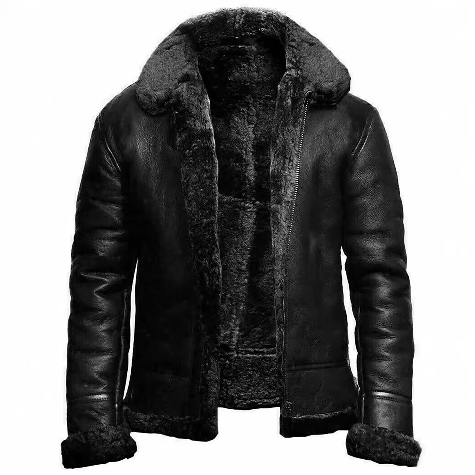 BVnarty Men's Faux Leather Shearling Jacket Winter Warm Fleece Lined Bomber Jacket Warm Thick Coat Outwear (Black,M)