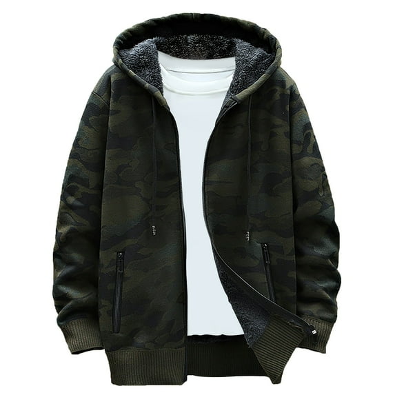 BVnarty Men's Fleece Lined Camo Hoodie Winter Warm Full Zip Long Sleeve Outdoor Jacket Camouflage Sweatshirt Thick Army Green M