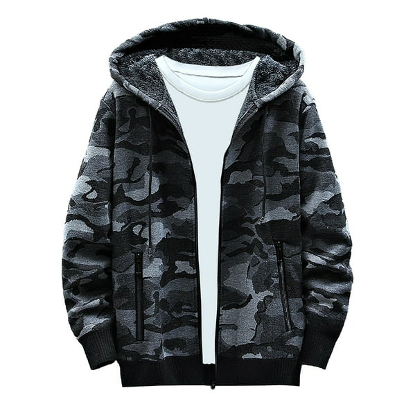 BVnarty Men's Fleece Lined Camo Hoodie Winter Warm Full Zip Long Sleeve Outdoor Jacket Camouflage Sweatshirt Thick Dark Gray XL
