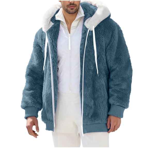 BVnarty Men's Full Zip Hooded Double Faced Fleece Plush Jacket, Solid Long Sleeve Warm Casual Outerwear for Winter Daily Wear & Outings Blue M