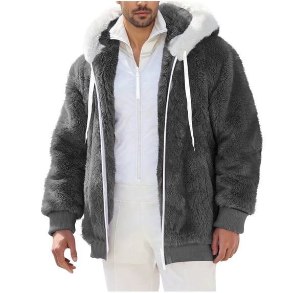 BVnarty Men's Full Zip Hooded Double Faced Fleece Plush Jacket, Solid Long Sleeve Warm Casual Outerwear for Winter Daily Wear & Outings Dark Gray L