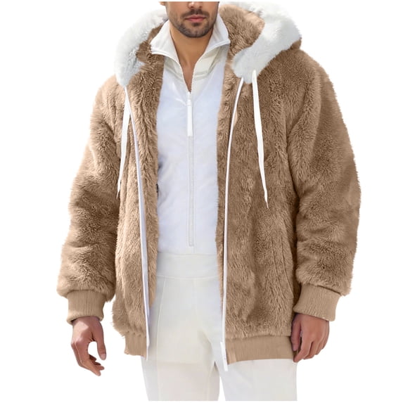 BVnarty Men's Full Zip Hooded Double Faced Fleece Plush Jacket, Solid Long Sleeve Warm Casual Outerwear for Winter Daily Wear & Outings Khaki XL