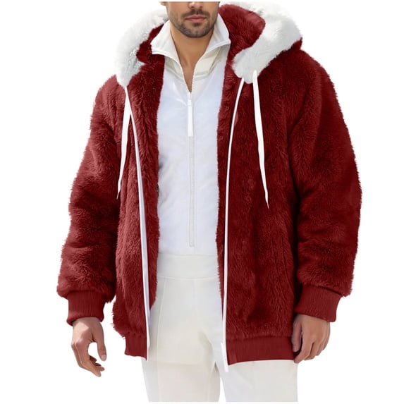 BVnarty Men's Full Zip Hooded Double Faced Fleece Plush Jacket, Solid Long Sleeve Warm Casual Outerwear for Winter Daily Wear & Outings Wine XXL