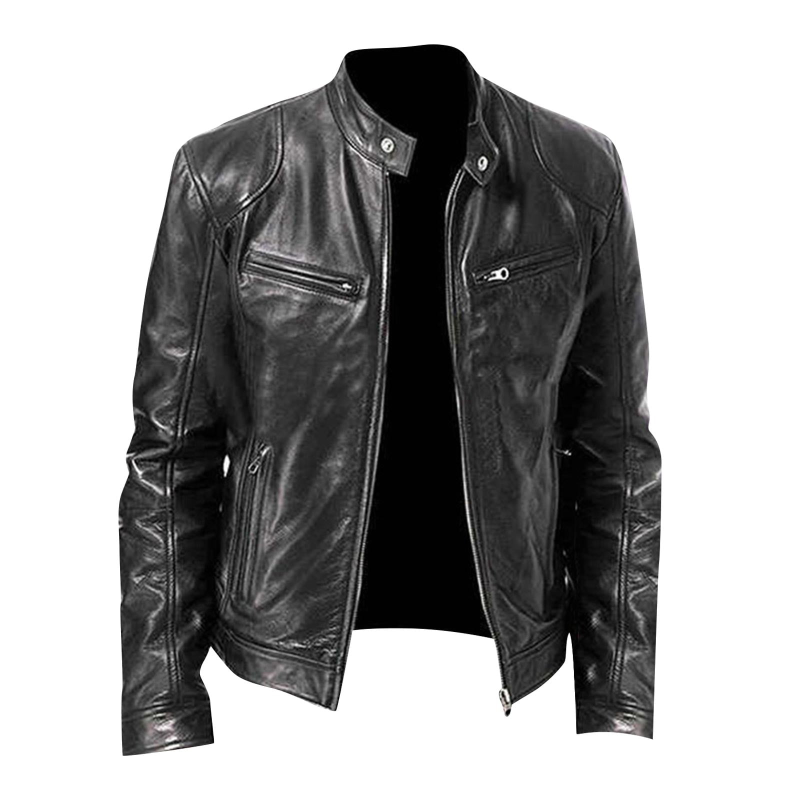 BVnarty Men's Genuine Leather Jacket Motorcycle Biker Slim Fit Stand Collar Zipper Outwear Large (Black,M)