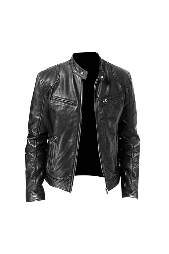 Men's Genuine Leather Jacket Motorcycle Biker Slim Fit Stand Collar Zipper Outwear Large (Black,M)