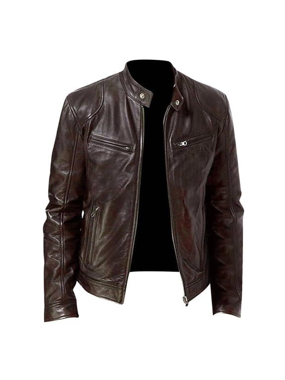 Men's Genuine Leather Jacket Motorcycle Biker Slim Fit Stand Collar Zipper Outwear Large (Brown,XXL)