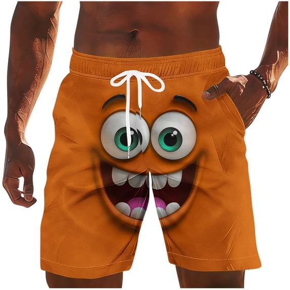 BVnarty Men's Grinning Cartoon Expression Swim Trunks Elastic Waist Drawstring Side Pockets Quick Dry Breathable Vacation Beach Daily Lounge Shorts Orange M