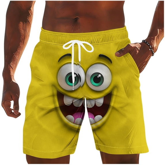 BVnarty Men's Grinning Cartoon Expression Swim Trunks Elastic Waist Drawstring Side Pockets Quick Dry Breathable Vacation Beach Daily Lounge Shorts Yellow M