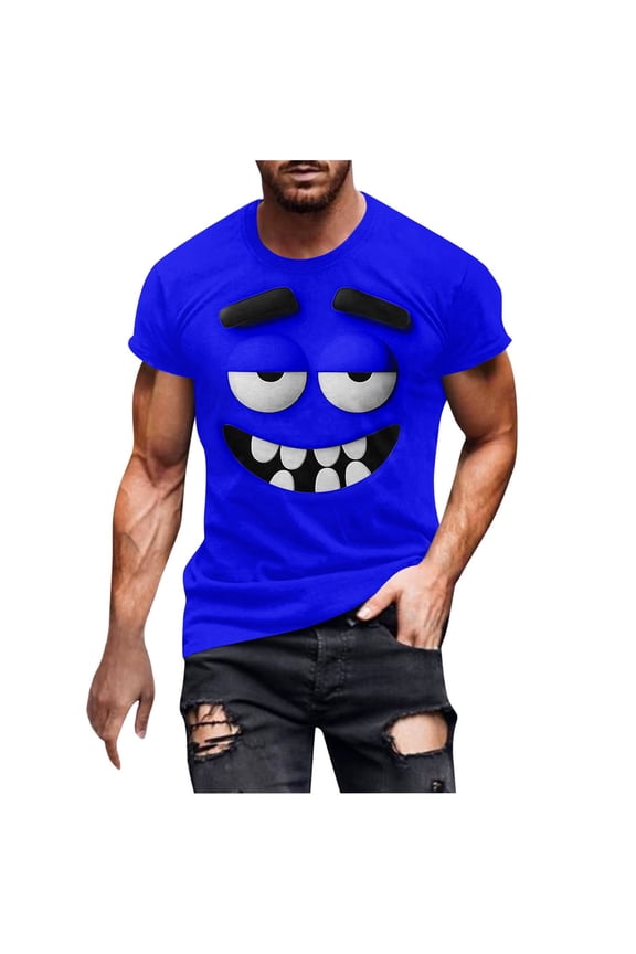 Men's Grinning Monster Face Crew Neck Short Sleeve T‑Shirt, Moisture‑Wicking Summer Party Tops Blue S