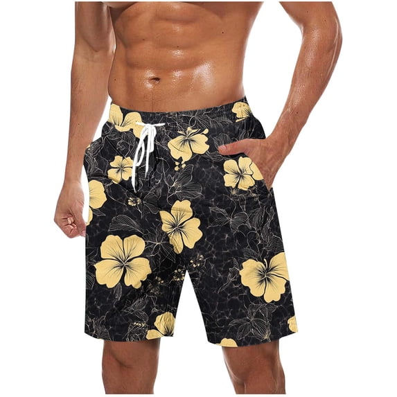BVnarty Men's Hawaiian Art Floral Print Swim Trunks Elastic Waist Drawstring Closure & Side Pockets Lightweight Outdoor Hiking Daily Beach Wear Shorts Beige XL