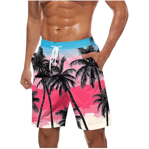 BVnarty Men's Hawaiian Leaf Pattern Board Shorts Adjustable Drawstring Elastic Waist with Pockets Quick Dry Breathable Summer Outdoor Beach Casual Shorts Hot Pink XXXXXL