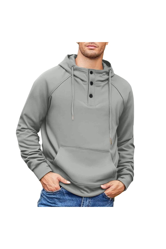 Men's Henley Button Pullover Hoodie with Drawstring Kangaroo Pocket & Raglan Sleeves, Casual Sweatshirt, Soft Fall Winter Basic Daily Hoodie Gray XXL