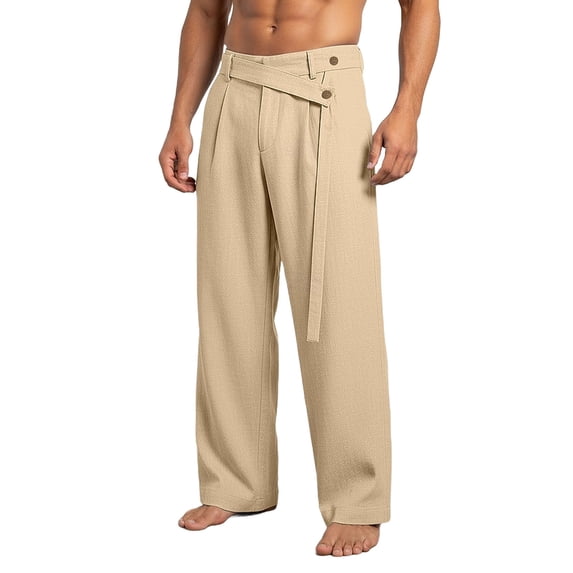 BVnarty Men's High Waisted Wide Leg Dress Pants with Belt Pleated Relaxed Fit Chino Trousers for Business Meetings Short Trips Khaki M