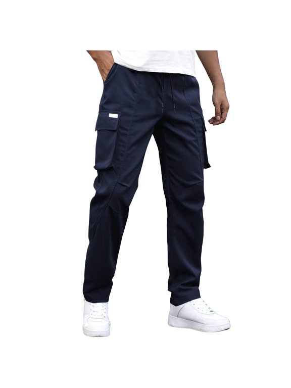 Men's Hiking Adventure Cargo Pants, Solid Multi-Pocket Elastic Drawstring Waist Trousers for Mountain & Trail Exploration Navy S