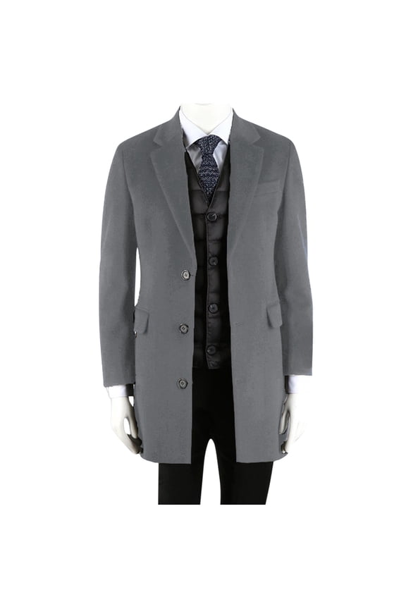 Men's Italian Wool Blend Overcoat Notched Lapel Single-Breasted Medium-Length Warm Winter Business Coat with Two Welt Pockets Gray XL