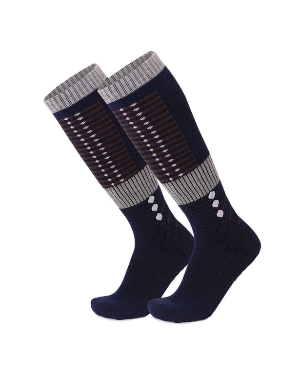 Men's Knee High Wool Ski Socks with Thick Warm Insulated Cushioned Arch Support Durable Soft Stretch Socks, 1 Pair for Winter Ski Dark Blue L