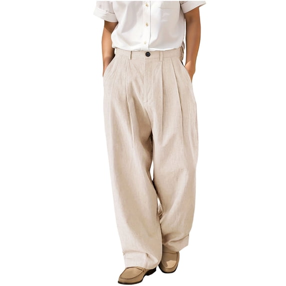 BVnarty Men's Linen Blend Business Dress Pants, Double Pleat, Button & Zipper Closure Multi-Pocket Trousers for Business Casual Style Beige L