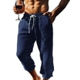 thumbnail image 1 of BVnarty Men's Linen Cotton Pants Elastic Drawstring Waist Straight Leg Loose Fit Casual Summer Yoga Beach Long Trousers Dark Blue XXL, 1 of 5