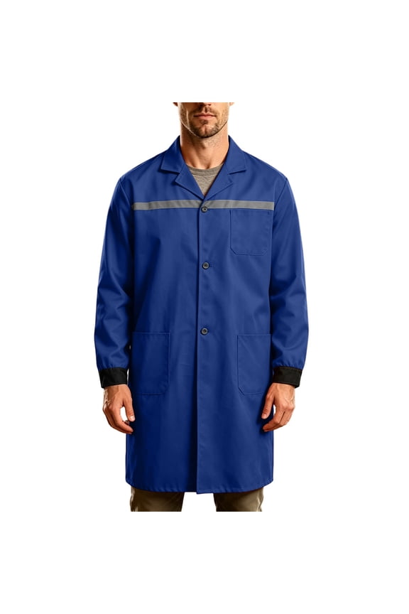 Men’s Long Sleeve Collared Reflective Stripe Mid-Length Work Coat, High Visibility Uniform for Construction & Warehouse Shift Work Blue S
