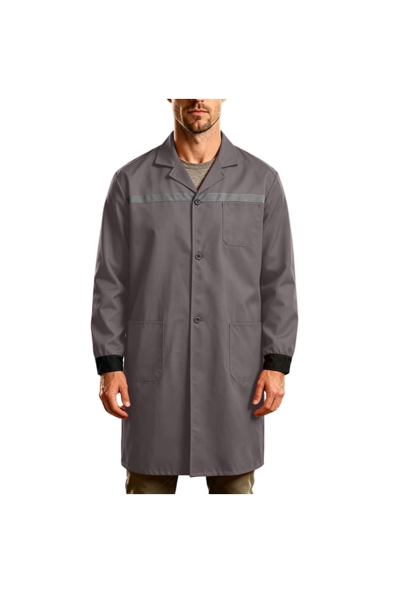Men’s Long Sleeve Collared Reflective Stripe Mid-Length Work Coat, High Visibility Uniform for Construction & Warehouse Shift Work Gray S