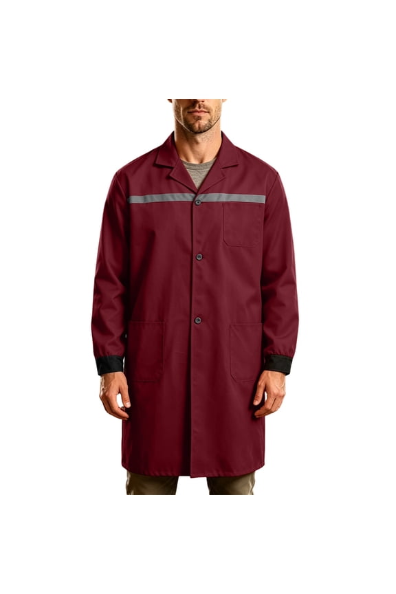 Men’s Long Sleeve Collared Reflective Stripe Mid-Length Work Coat, High Visibility Uniform for Construction & Warehouse Shift Work Wine S
