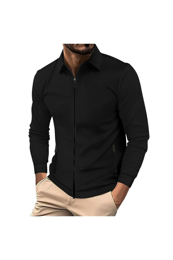 Men's Long Sleeve Slim Fit Zip Up Stand Collar Solid Business Office Workwear Shirts Jacket with Zipper Pockets Black XXXL