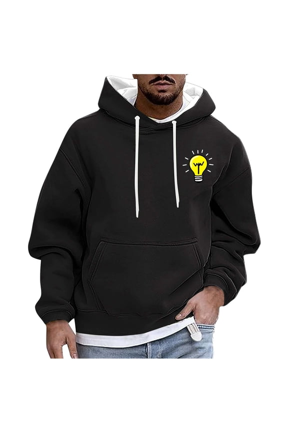 Men's Mini Chest Graphic Pullover Hoodie with Drawstring Front Pocket, Basic Sweatshirt, Sleek Fall Winter Essential Casual Hooded Top Black M