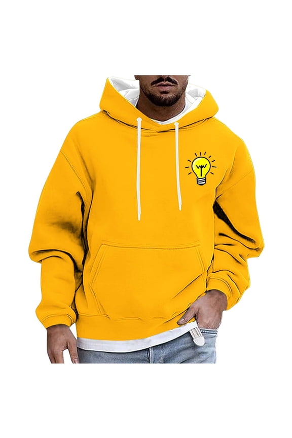 Men's Mini Chest Graphic Pullover Hoodie with Drawstring Front Pocket, Basic Sweatshirt, Sleek Fall Winter Essential Casual Hooded Top Yellow M