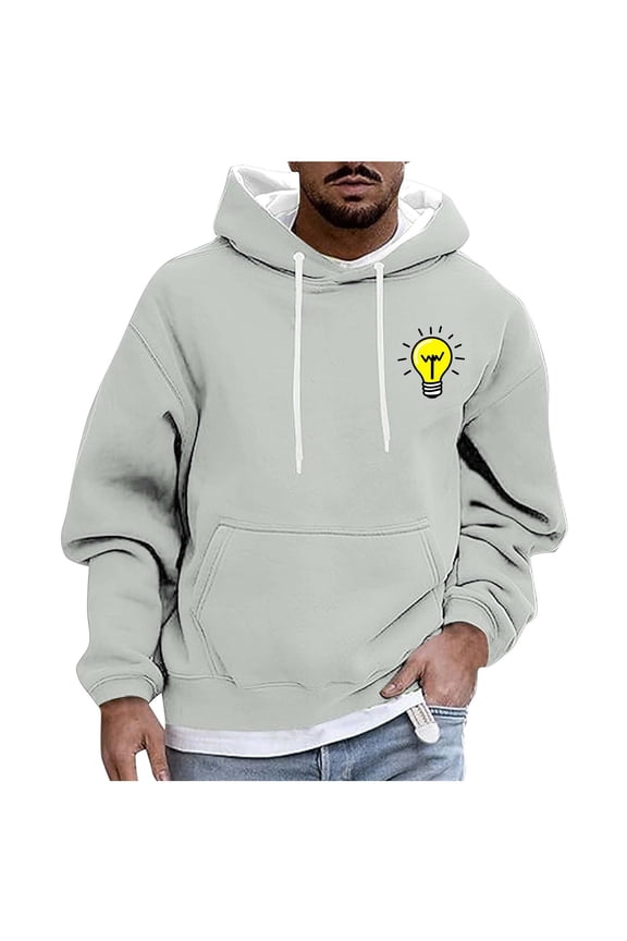 Men's Mini Chest Graphic Pullover Hoodie with Drawstring Front Pocket, Basic Sweatshirt, Sleek Fall Winter Essential Casual Hooded Top Gray M
