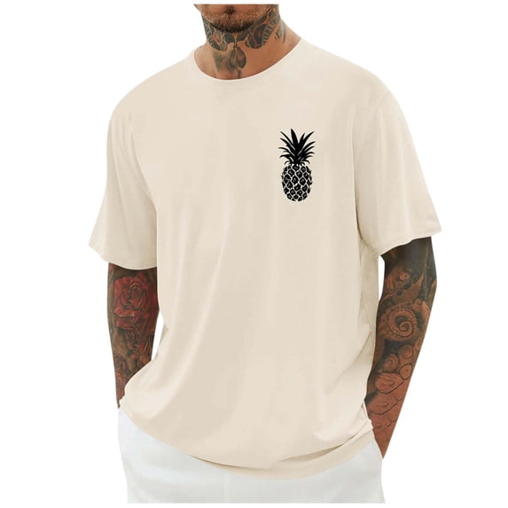 BVnarty Men's Minimal Pineapple Chest Print Crew Neck Short Sleeve T‑Shirt, Breathable Summer Sports Tops Beige M