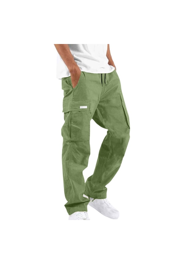Men's Patch Pocket Solid Cargo Trousers Drawstring Elastic Waist Straight Leg Multi Pocket Pants for Outdoor Workout & Daily Use Army Green M