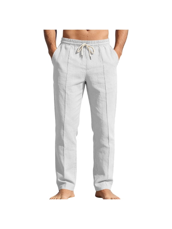 Men's Pure Natural Linen Casual Pants, Solid Elastic Drawstring Waist Pocket Trousers for Super Breathable Daily Wear White XL
