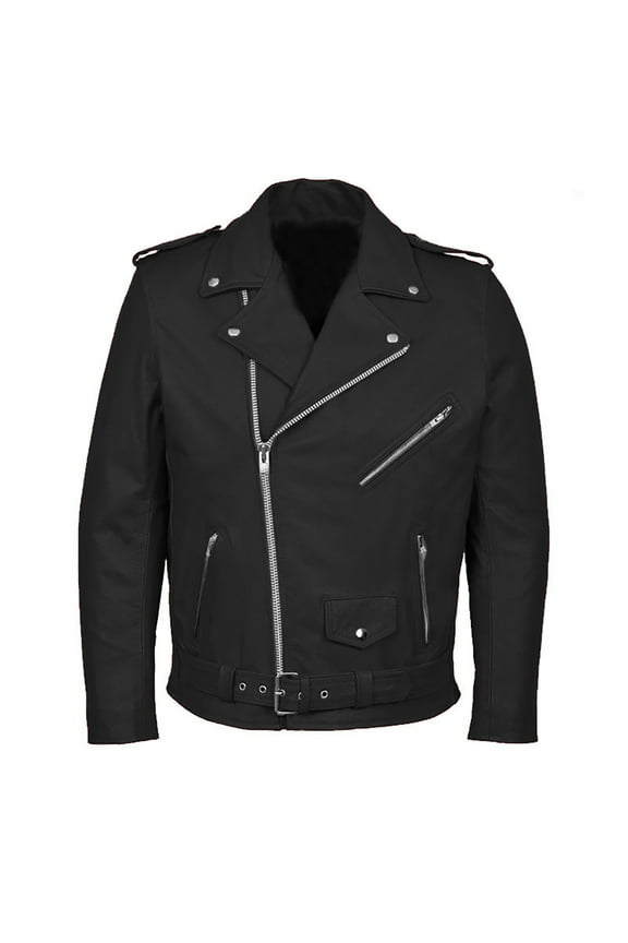 Men's Real Leather Motorcycle Jacket Asymmetrical Zipper Belted Classic Biker Genuine Leather Long Sleeve Outwear (Black,XL)