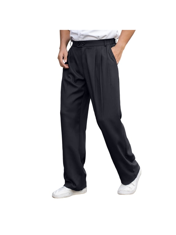 Men's Refined Pleated Casual Dress Pants, Elastic Waist Straight Leg Trousers for Office Wear & Daily Semi-Formal Looks Black XL