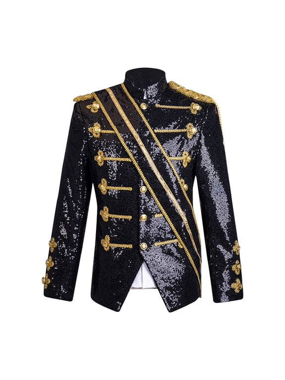Men's Sequined Blazer Gold Trim Military Style Jacket Long Sleeve Button Up Formal Party Blazer (Black,XXL)