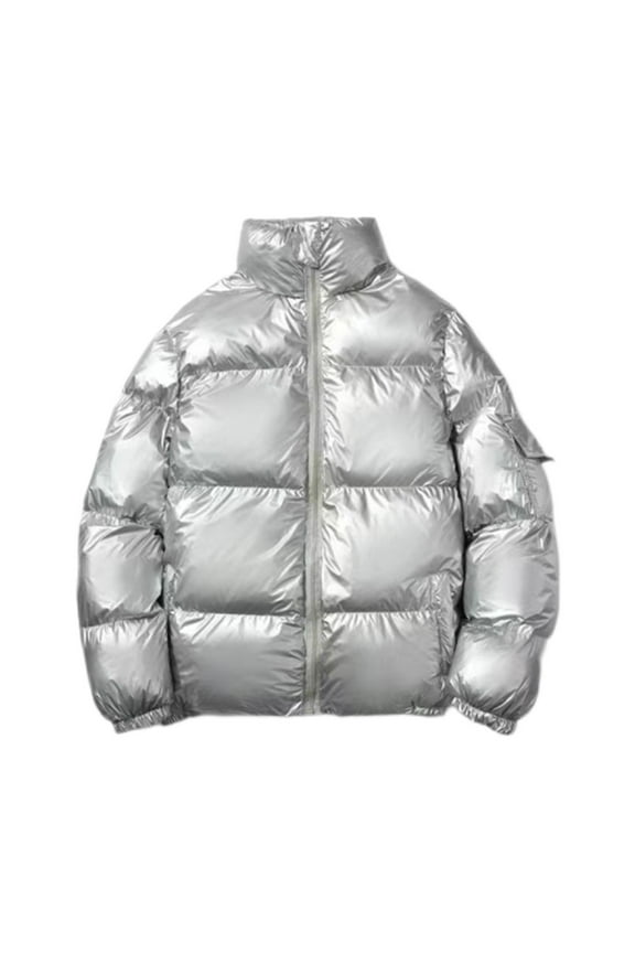 Men's Shiny Puffer Jacket Winter Warm Thick Padded Down Coat Outwear Large Size Zipper Stand Collar (Silver,L)
