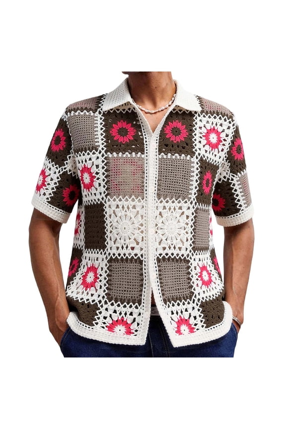 Men’s Short Sleeve Collared Multi Floral Granny Square Crochet Button Front Shirt, Stretch Top for Casual Vacation Getaways Multicolor XXXL