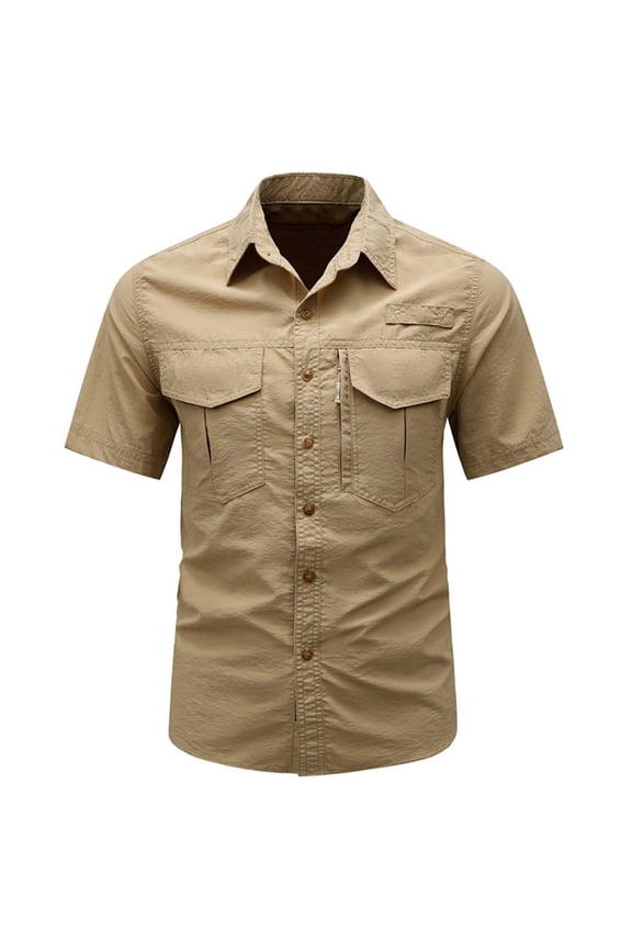 Men’s Short Sleeve Collared Vent Back Zip Multi Pocket Shirt, Quick Dry Loose Top for Backpacking, Hunting & Casual Trips Khaki M