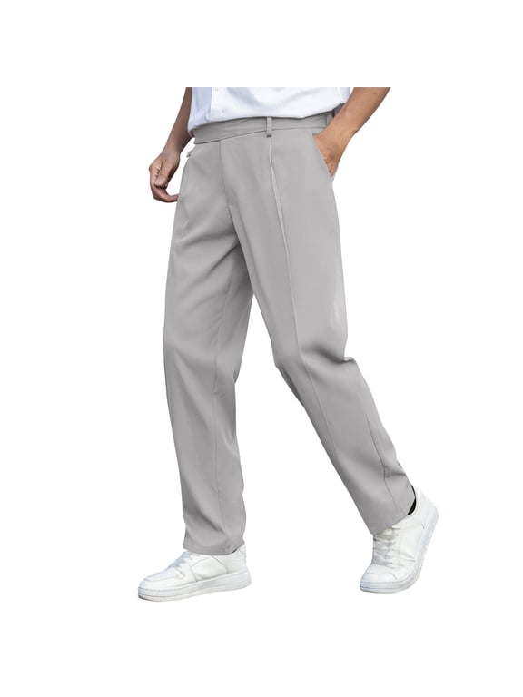 Men's Soft Fabric Draped Pleated Pants, Solid Straight Leg Elastic Waist Trousers for Versatile Office & Daily Matching Gray S