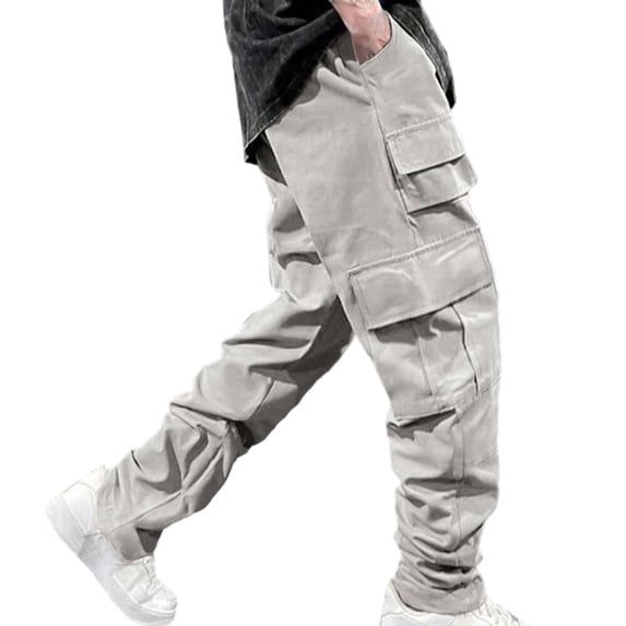 BVnarty Men's Solid Athletic Multi Pocket Cargo Long Pants Elastic Waist Loose Fit Streetwear Outdoor Daily Casual Trousers Gray M