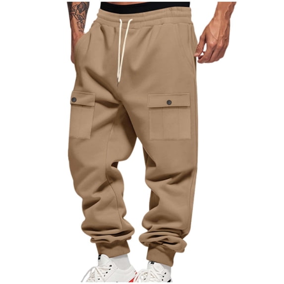 BVnarty Men's Solid Cargo Sweatpants Long Pants Drawstring Elastic Waist Tapered Cuff Loose Fit Urban Streetwear Casual Bottoms Khaki XXXL