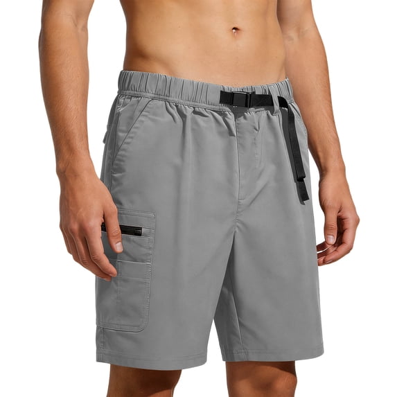 BVnarty Men's Solid Casual Athletic Shorts with Buckle Belt and Multi Zipper Pockets, Summer Outdoor & Workout Cargo Shorts Gray M