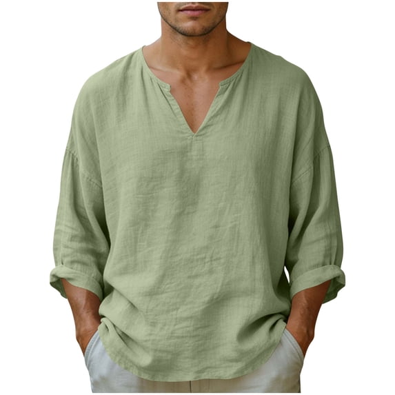 BVnarty Men's Solid Color Cotton-Linen Blend Long Sleeve Notched V-Neck T-Shirt Regular Fit Casual Summer Daily Wear Layering Top Green XL