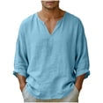 thumbnail image 1 of BVnarty Men's Solid Color Cotton-Linen Blend Long Sleeve Notched V-Neck T-Shirt Regular Fit Casual Summer Daily Wear Layering Top Light Blue XL, 1 of 8
